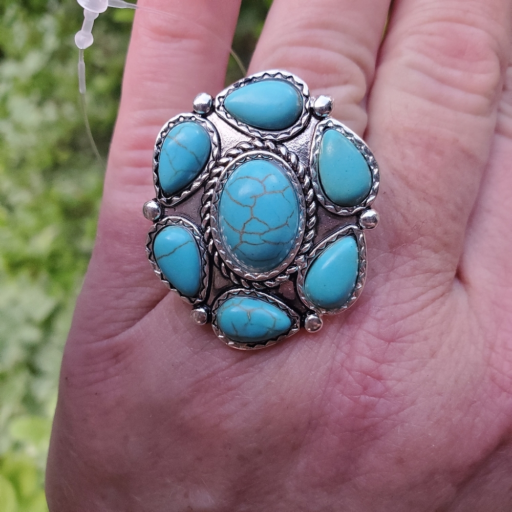 Free Spirit Boho native Aztec  SouthWestern People Faux Turquoise ring